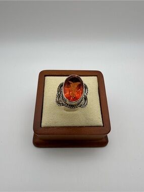 925 Sterling Silver Orange Amber Oval Solitaire Ring